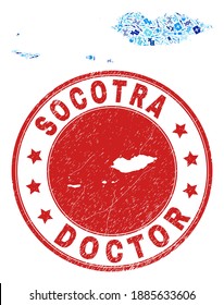 Vector mosaic Socotra Archipelago map with treatment icons, medicine symbols, and grunge healthcare rubber imitation.