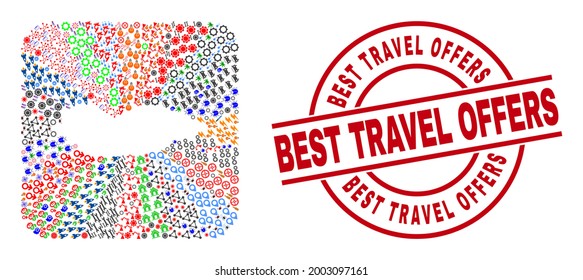 Vector mosaic Socotra Island map of different pictograms and Best Travel Offers badge. Mosaic Socotra Island map designed as hole from rounded square shape.