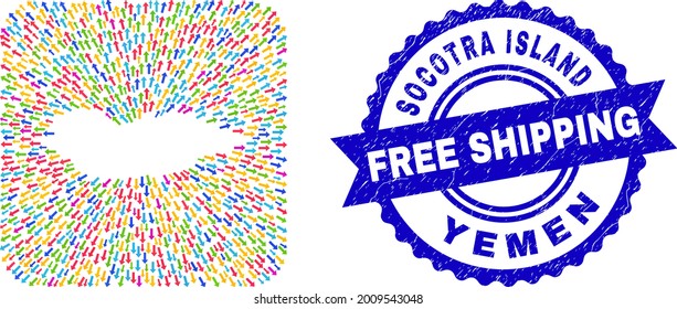 Vector Mosaic Socotra Island Karte von den hinterlassen Pfeile und Gummi Free Shipping Badge. Mosaik Socotra Island Karte, entworfen als geschnitzte Form aus abgerundeter quadratischer Form mit Lieferpfeilen.