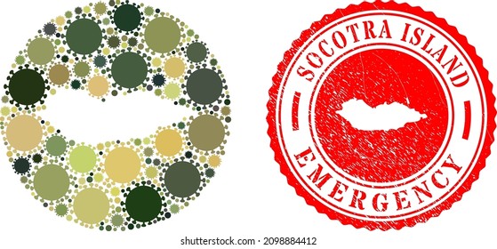 Vector mosaic Socotra Island map of viral elements and grunge EMERGENCY seal. Mosaic geographic Socotra Island map created as hole from circle with covid elements in camo army color hues.