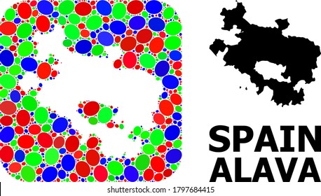 Vector mosaic and solid map of Alava Province. Bright geographic map constructed as carved shape from rounded square with bright elliptic elements.