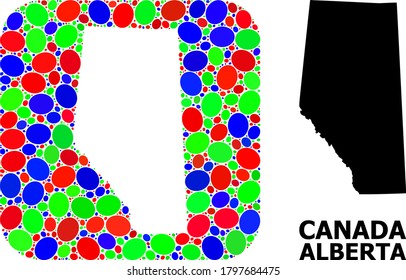 Vector mosaic and solid map of Alberta Province. Bright geographic map created as subtraction from rounded square with bright elliptic elements.