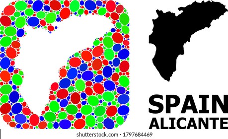 Vector mosaic and solid map of Alicante Province. Bright geographic map constructed as hole from rounded square with bright elliptic elements.