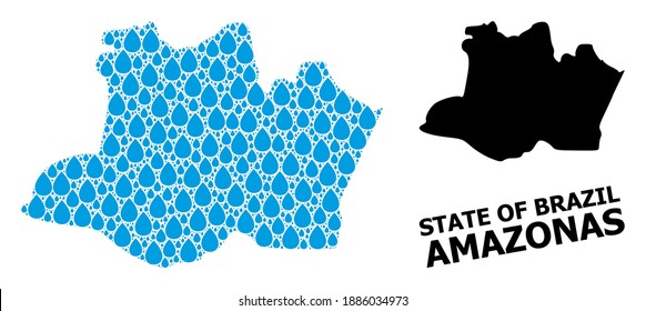 Vector mosaic and solid map of Amazonas State. Map of Amazonas State vector mosaic for drinking water ads. Map of Amazonas State is created from blue drinking water raindrops.