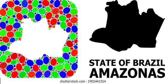 Vector mosaic and solid map of Amazonas State. Bright geographic map constructed as stencil from rounded square with bright elliptic elements.