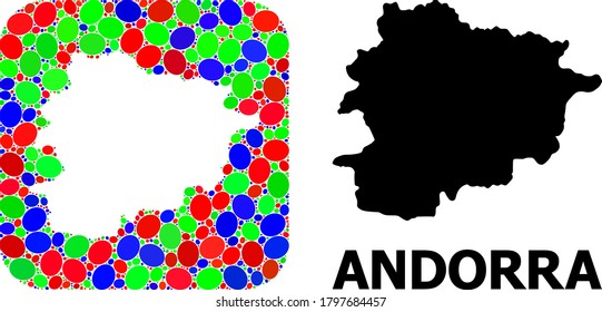 Vector mosaic and solid map of Andorra. Bright geographic map designed as stencil from rounded square with bright ellipses. Mosaic map of Andorra designed with ellipses in variable sizes.