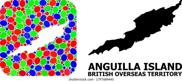 Vector mosaic and solid map of Anguilla Island. Bright geographic map created as carved shape from rounded square with bright elliptic elements.