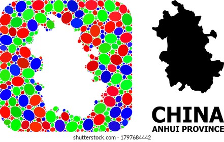 Vector mosaic and solid map of Anhui Province. Bright geographic map designed as subtraction from rounded square with bright elliptic elements.