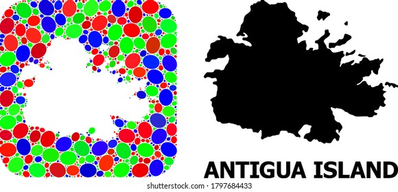 Vector mosaic and solid map of Antigua Island. Bright geographic map created as carved shape from rounded square with bright elliptic elements.