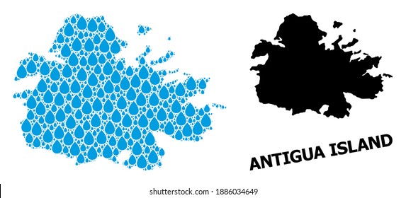 Vector mosaic and solid map of Antigua Island. Map of Antigua Island vector mosaic for clean water ads. Map of Antigua Island is created with blue clean water tears. Symbol of clean drinking water.