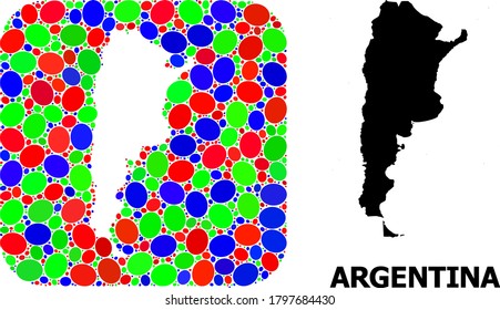 Vector mosaic and solid map of Argentina. Bright geographic map created as subtraction from rounded square with bright elliptic elements.