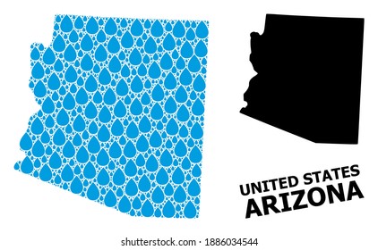 Vector mosaic and solid map of Arizona State. Map of Arizona State vector mosaic for drinking water ads. Map of Arizona State is designed with blue clear water raindrops.