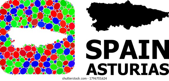 Vector mosaic and solid map of Asturias Province. Bright geographic map designed as carved shape from rounded square with bright ellipses.