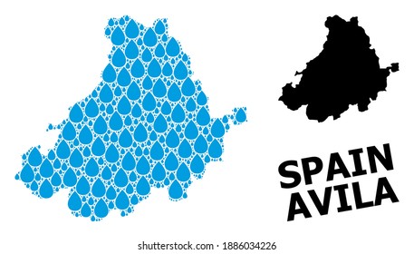Vector mosaic and solid map of Avila Province. Map of Avila Province vector mosaic for clean water ads. Map of Avila Province is created with blue clean liquid drops. Symbol of clean drinking water.