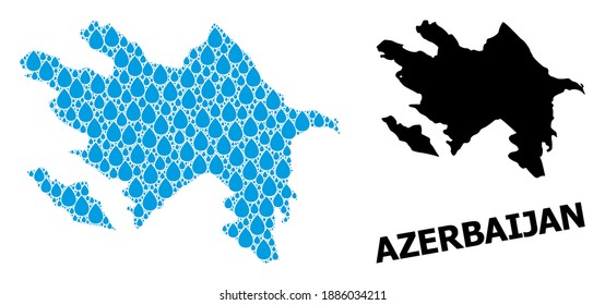 Vector mosaic and solid map of Azerbaijan. Map of Azerbaijan vector mosaic for drinking water ads. Map of Azerbaijan is created from blue drinking water drops. Symbol for natural drinking water.