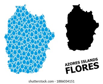 Vector mosaic and solid map of Azores - Flores Island. Map of Azores - Flores Island vector mosaic for clean water ads. Map of Azores - Flores Island is designed with blue clean water raindrops.