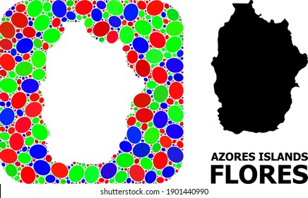 Vector mosaic and solid map of Azores - Flores Island. Bright geographic map designed as subtraction from rounded square with bright elliptic elements.