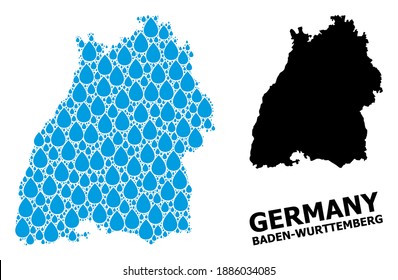 Vector mosaic and solid map of Baden-Wurttemberg State. Map of Baden-Wurttemberg State vector mosaic for drinking water ads. Map of Baden-Wurttemberg State is formed with blue pure water tears.