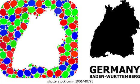 Vector mosaic and solid map of Baden-Wurttemberg State. Bright geographic map created as carved shape from rounded square with bright elliptic elements.