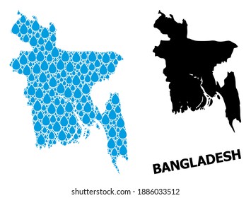 Vector mosaic and solid map of Bangladesh. Map of Bangladesh vector mosaic for clean water ads. Map of Bangladesh is composed with blue drinking water dews. Symbol of natural drinking water.