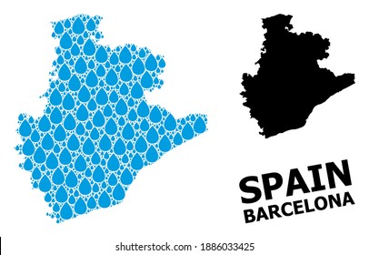 Vector mosaic and solid map of Barcelona Province. Map of Barcelona Province vector mosaic for drinking water ads. Map of Barcelona Province is formed with blue drinking aqua raindrops.