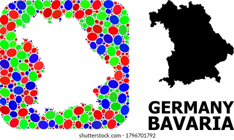 Vector mosaic and solid map of Bavaria State. Bright geographic map created as stencil from rounded square with bright elliptic elements.