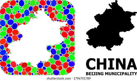 Vector mosaic and solid map of Beijing Municipality. Bright geographic map constructed as carved shape from rounded square with bright elliptic elements.