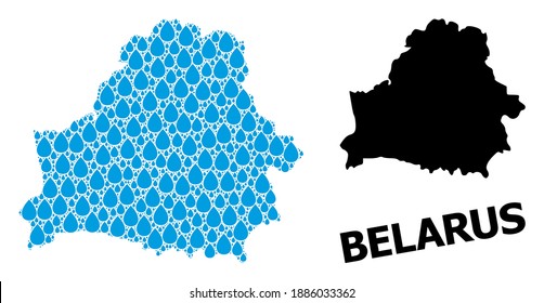 Vector mosaic and solid map of Belarus. Map of Belarus vector mosaic for drinking water ads. Map of Belarus is formed from blue drinking aqua dews. Symbol for clear drinking water.