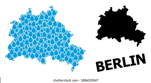Vector mosaic and solid map of Berlin City. Map of Berlin City vector mosaic for clean water ads. Map of Berlin City is designed with blue pure liquid raindrops. Symbol of pure drinking water.