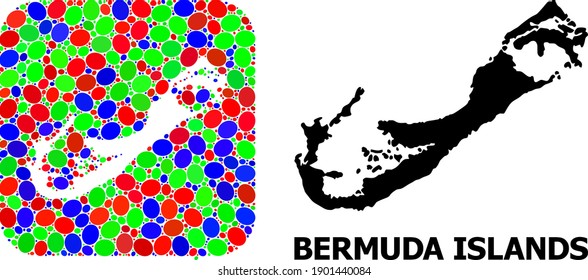 Vector mosaic and solid map of Bermuda Islands. Bright geographic map designed as stencil from rounded square with bright elliptic elements.