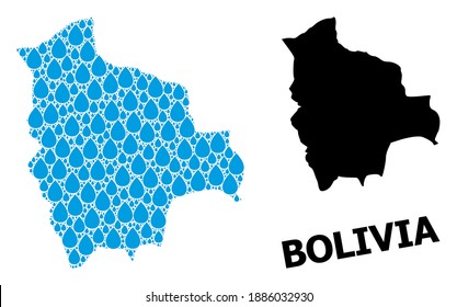 Vector mosaic and solid map of Bolivia. Map of Bolivia vector mosaic for drinking water ads. Map of Bolivia is created with blue pure water tears. Symbol for clean drinking water.