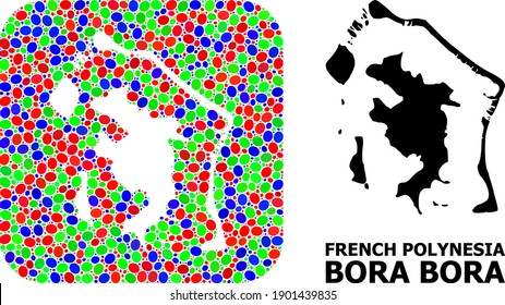 Vector mosaic and solid map of Bora-Bora. Bright geographic map designed as hole from rounded square with bright ovals. Mosaic map of Bora-Bora designed with ovals in different sizes.