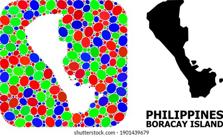 Vector mosaic and solid map of Boracay Island. Bright geographic map designed as stencil from rounded square with bright ellipses. Mosaic map of Boracay Island designed with ellipses in various sizes.