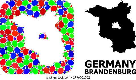 Vector mosaic and solid map of Brandenburg State. Bright geographic map designed as carved shape from rounded square with bright ovals.