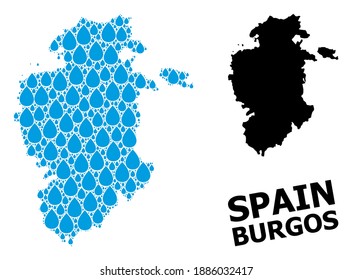 Vector mosaic and solid map of Burgos Province. Map of Burgos Province vector mosaic for pure water ads. Map of Burgos Province is composed with blue clear water dews. Symbol of clear drinking water.