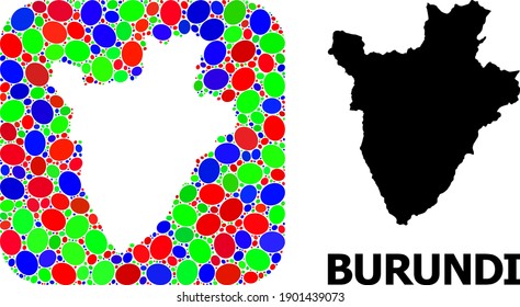 Vector mosaic and solid map of Burundi. Bright geographic map created as subtraction from rounded square with bright elliptic elements.
