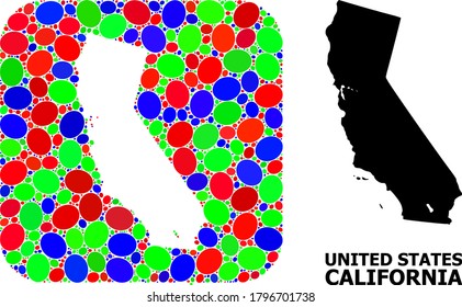 Vector mosaic and solid map of California. Bright geographic map designed as hole from rounded square with bright elliptic elements.