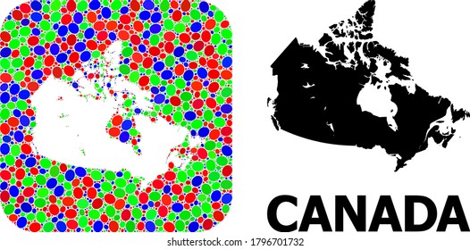 Vector mosaic and solid map of Canada. Bright geographic map created as subtraction from rounded square with bright ellipses. Mosaic map of Canada designed with ellipses in different sizes.