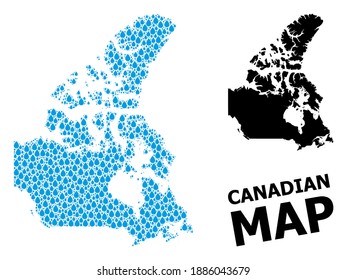 Vector mosaic and solid map of Canada. Map of Canada vector mosaic for drinking water ads. Map of Canada is composed with blue clean water raindrops. Symbol for clear drinking water.