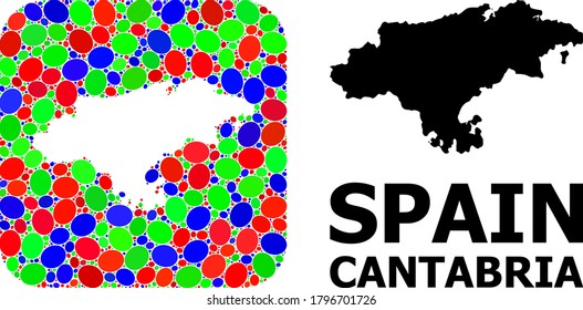 Vector mosaic and solid map of Cantabria Province. Bright geographic map created as carved shape from rounded square with bright elliptic elements.