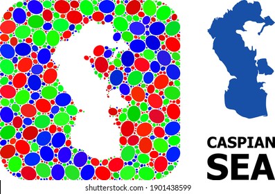 Vector mosaic and solid map of Caspian Sea. Bright geographic map created as stencil from rounded square with bright elliptic elements.