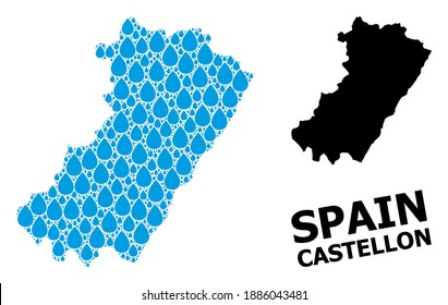 Vector mosaic and solid map of Castellon Province. Map of Castellon Province vector mosaic for clean water ads. Map of Castellon Province is created with blue clean aqua dews.