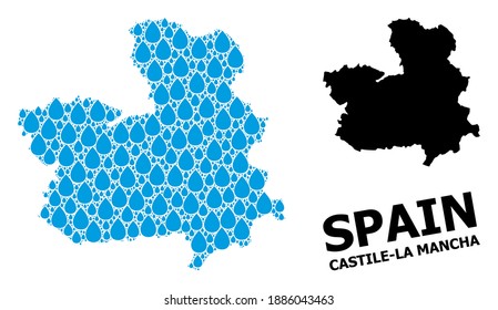 Vector mosaic and solid map of Castile-La Mancha Province. Map of Castile-La Mancha Province vector mosaic for drinking water ads.