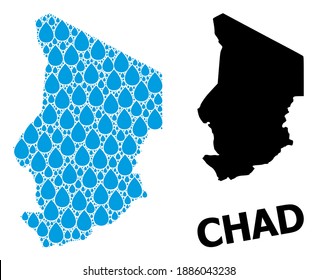 Vector mosaic and solid map of Chad. Map of Chad vector mosaic for drinking water ads. Map of Chad is designed with blue pure water raindrops. Symbol for pure drinking water.