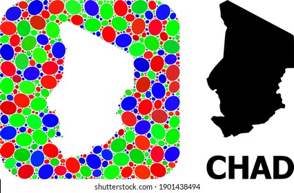 Vector mosaic and solid map of Chad. Bright geographic map designed as subtraction from rounded square with bright ovals. Mosaic map of Chad created with ovals in various sizes.