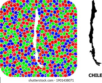 Vector mosaic and solid map of Chile. Bright geographic map designed as subtraction from rounded square with bright elliptic elements.