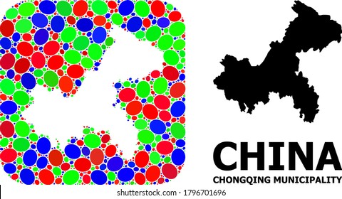 Vector mosaic and solid map of Chongqing Municipality. Bright geographic map created as subtraction from rounded square with bright elliptic elements.