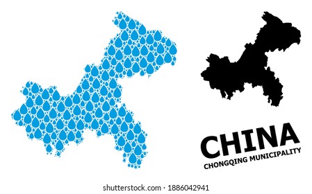 Vector mosaic and solid map of Chongqing Municipality. Map of Chongqing Municipality vector mosaic for drinking water ads. Map of Chongqing Municipality is composed with blue pure water raindrops.