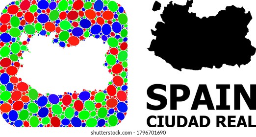 Vector mosaic and solid map of Ciudad Real Province. Bright geographic map created as hole from rounded square with bright elliptic elements.