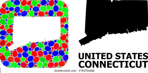 Vector mosaic and solid map of Connecticut State. Bright geographic map constructed as hole from rounded square with bright ovals. Mosaic map of Connecticut State formed with ovals in various sizes.